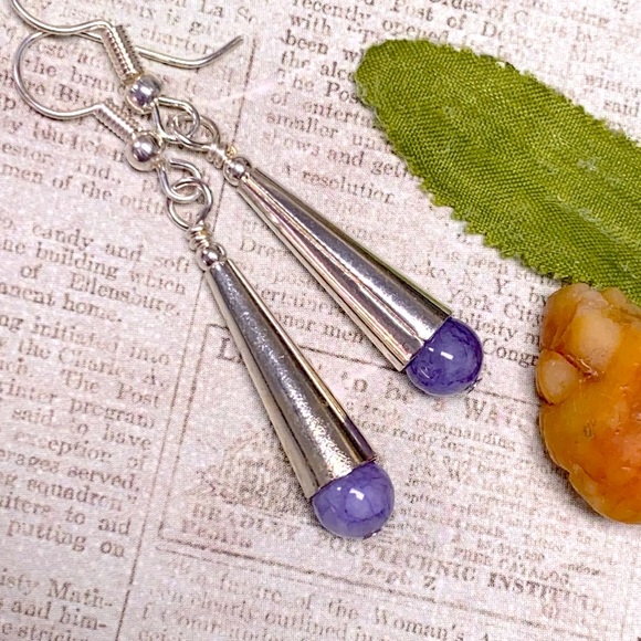 NEW Purple jasper silver tone earrings smooth cone lightweight handmade minimal - Picture 2 of 4